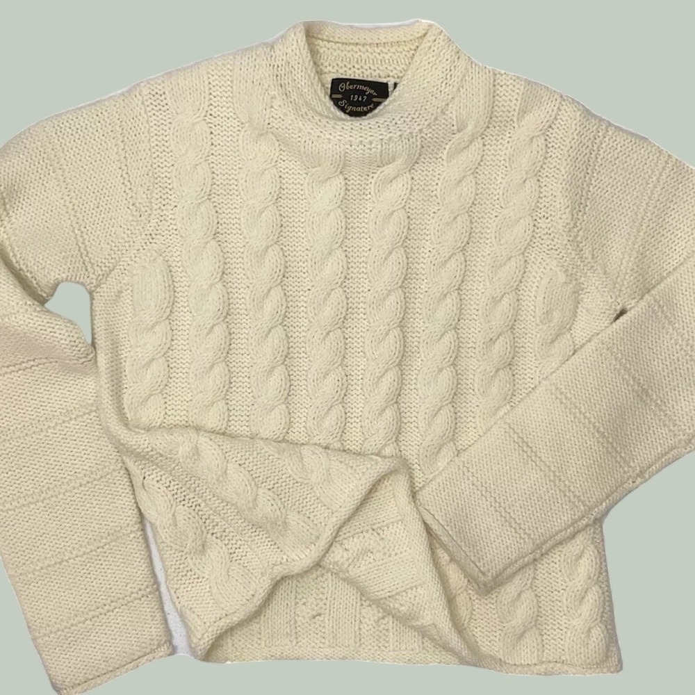 Obermeyer Cable Knit Pullover Sweater Womens S Ivory Wool Blend Ski Top Vintage